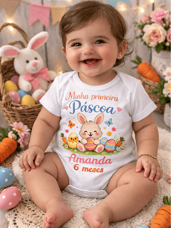 Body Bebê Páscoa Mesversário Personalizado – Minha Primeira Páscoa - Roupa Infantil Temática