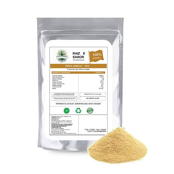 Feno Grego em pó 1kg, Raiz e Sabor Tempero Natural