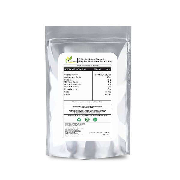 Pré treino Natural Guaraná, Gengibre, Beterraba e Cacau 500g Mais Energia