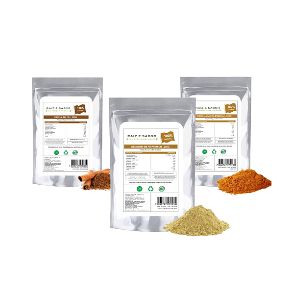 Kit Trio Premium: Cúrcuma (200g) + Gengibre (200g) + Canela (200g)