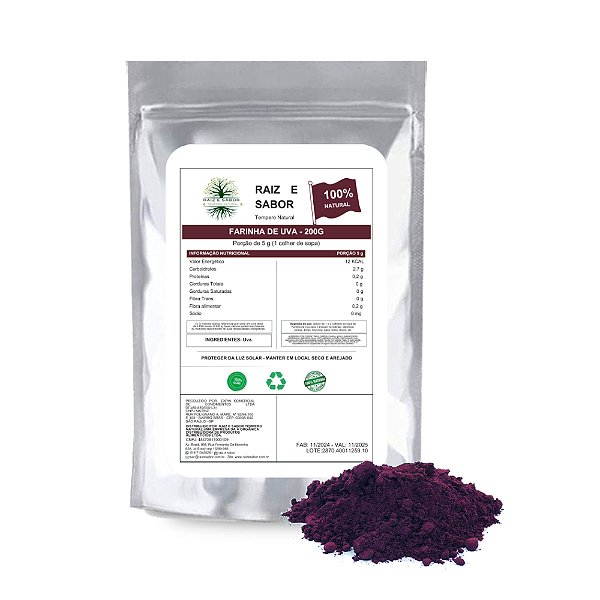 Farinha de uva 200g, Raiz e Sabor Tempero Natural, rico em fibras