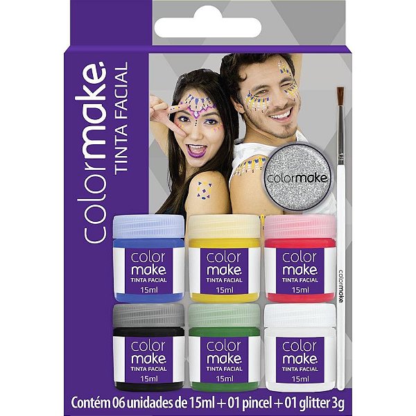 Pintura Facial Liquida 6 Cores+pincel+gliter KIT