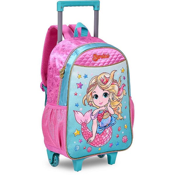 Mochila Infantil com Rodinha Sereias G Estojo+lancheira KIT