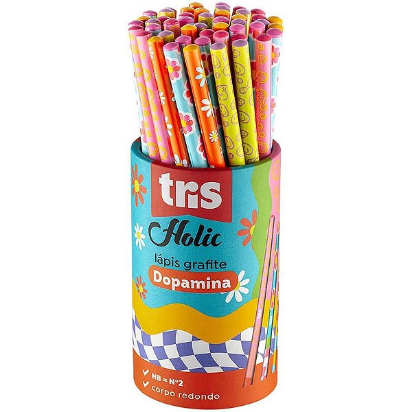 Lapis Preto Redondo Decorado TRIS Dopamina 4 Cores POTE-48