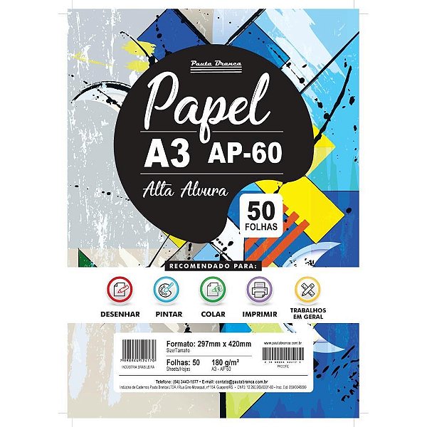 Papel Sulfite A3 PB60 180G. 60KG PCT.C/50FLS. Pacote