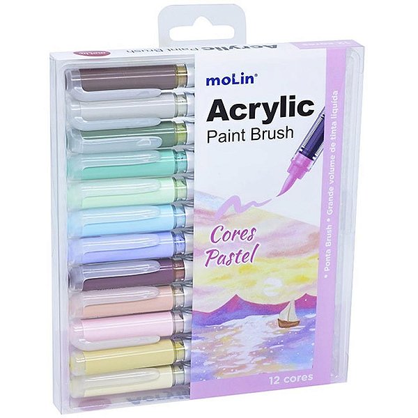 Marcador Artistico ACRYLIC BRUSH 12 Cores Pastel Estojo