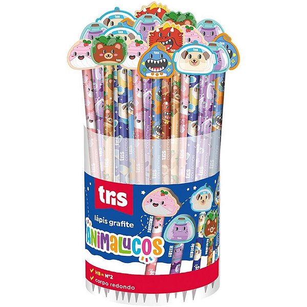 Lapis Preto Redondo Decorado TRIS Animalucos C/BORRACHA 6MO POTE-24