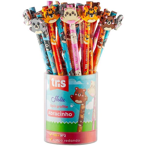 Lapis Preto Redondo Decorado TRIS Abracinho 4MODELOS POTE-24