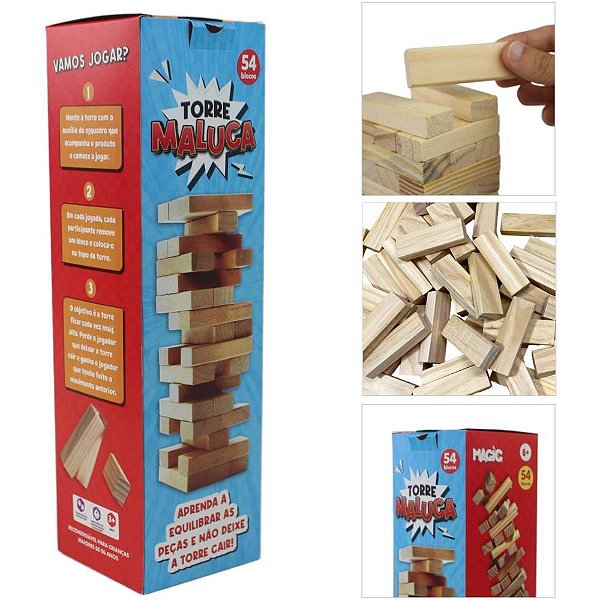 Jogo Diverso Torre Maluca 54 Blocos Madeira