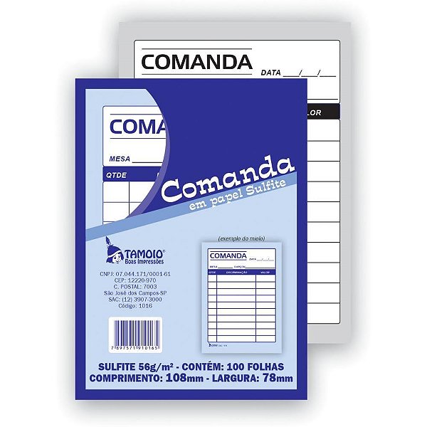 Impresso Talao Comanda Sulfite 100F. 80X110MM PCT.C/20