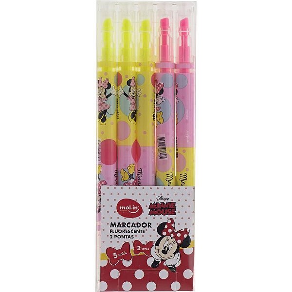 Caneta Marca Texto Minnie C/5  ROSA/AM. 2PONTAS Estojo