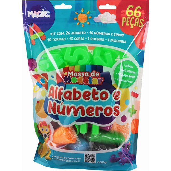Massa para Modelar Criativa Alfabeto e Numeros 600G 66PCS