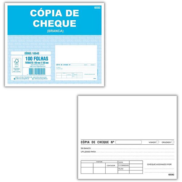 Impresso Copia de Cheque Branco 100 Folhas 160X190MM PCT.C/10 (17891321100452)