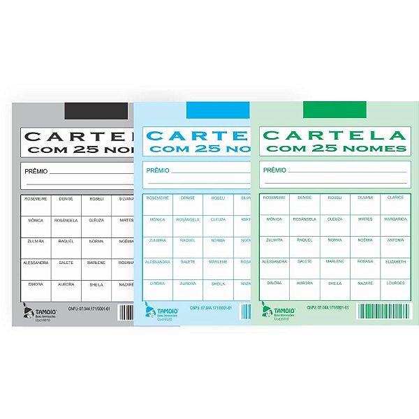 Cartela de Rifa C/25 Nomes PCT.C/50 Cartelas Pacote