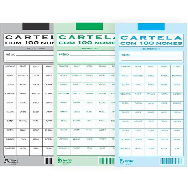 Cartela de Rifa C/100 Nomes PCT.C/50 Cartelas Pacote (7897571960108)