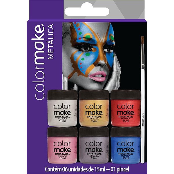 Pintura Facial Liquida Metalica 6 Cores+pince KIT