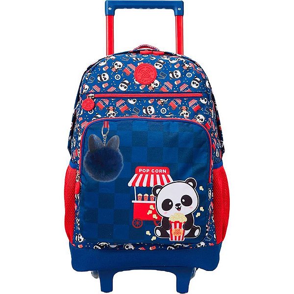 Mochila Infantil com Rodinha College Panda Pipoca Azul GR