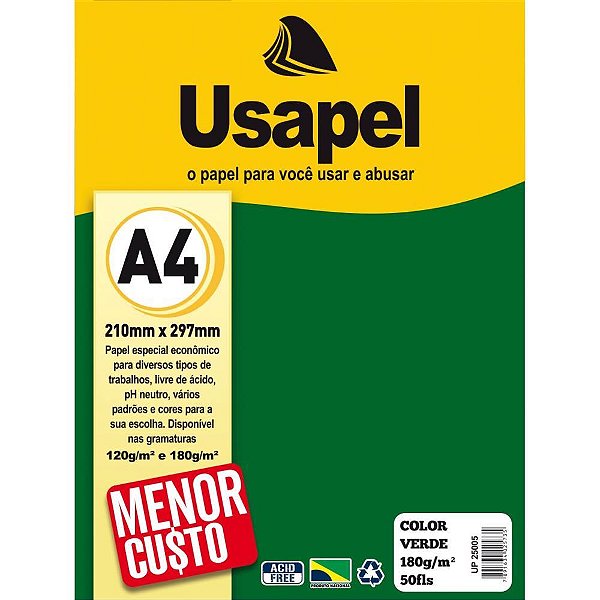 Papel A4 Color Usapel Verde 180G. PCT.C/50