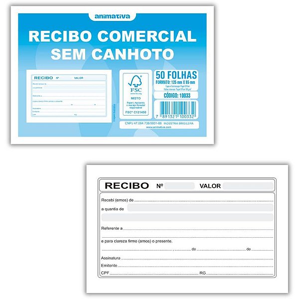 Impresso Recibo Comercial sem Canhoto 50F PCT.C/20 (17891321100339)