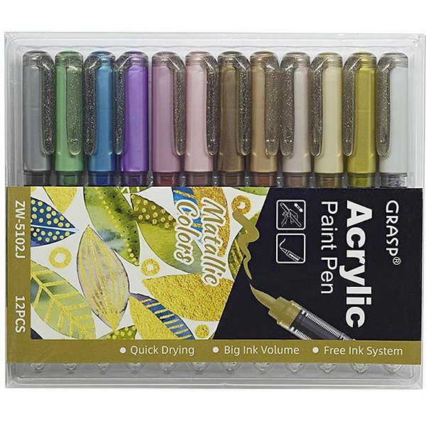 Marcador Artistico ACRYLIC BRUSH 12CORES Metalica Estojo