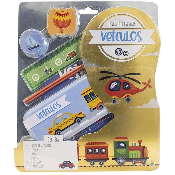 Kit Escolar Veiculos Livro + 5 Peças