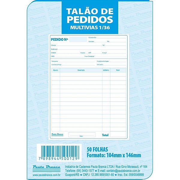 Impresso Talao de Pedido 1/36 Multivias 50FLS 104X146MM PCT.C/20