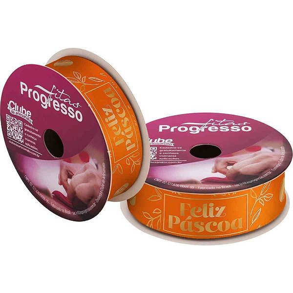Fita de Cetim Decorada 22MM 10M. Feliz Pascoa Laranja