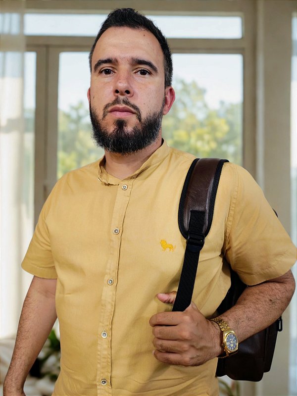 Camisa Manga Curta Sarja Gola Padre Caqui