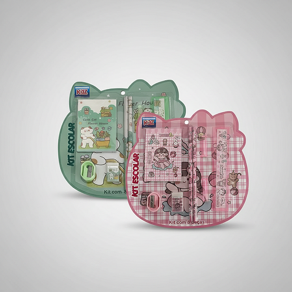 Kit Escolar Cute Cat Flower House – 8 Peças de Papelaria Fofa