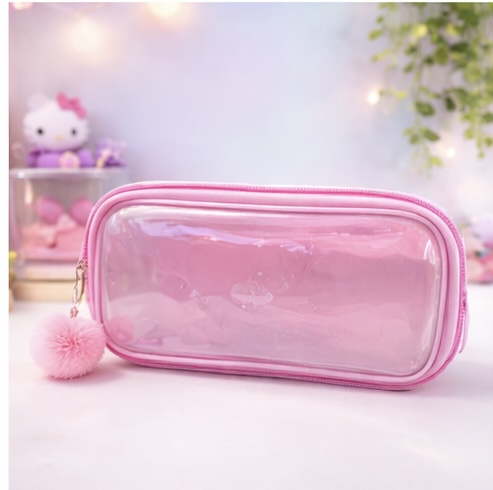 Estojo Transparente Rosa com PomPom – Estojo Fofo