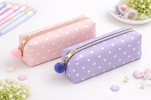 Estojo Escolar Fofo Coração com Pompom Zíper Dourado Papelaria Kawaii
