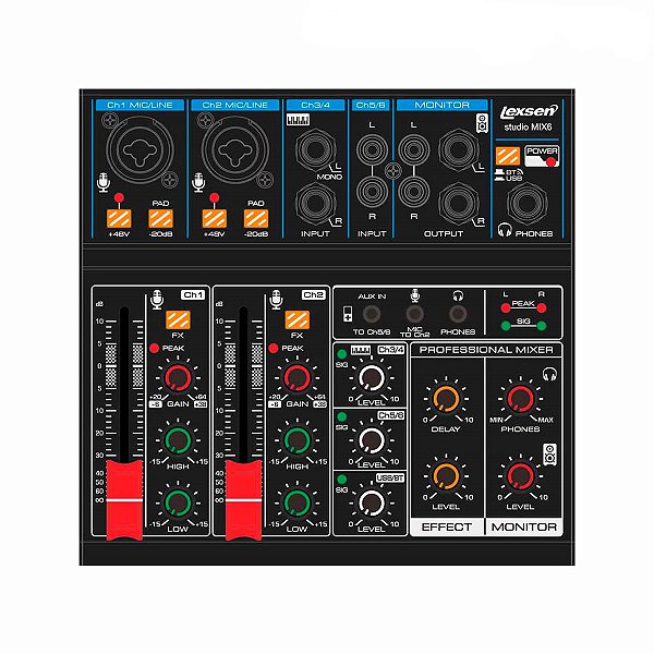 Mesa de Som Studio Mix 6 Com Interface e Bluetooth Lexsen
