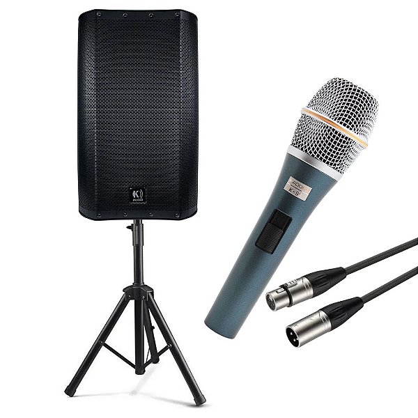 Kit Caixa de Som Ativa K-AUDIO TP12A +Suporte + Microfone Kadosh K98 +Cabo de 5 mts