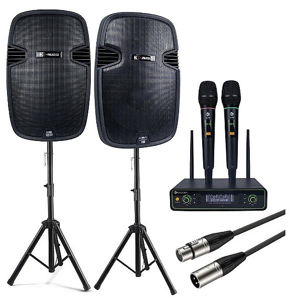 Kit Caixa Ativa e Passiva KB15 com 02 Suporte + Microfone Kadosh 422M + Cabo de 5 Mts
