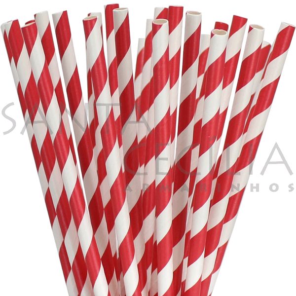 Canudo de Papel Listrado Vermelho - pacote com 25 un.