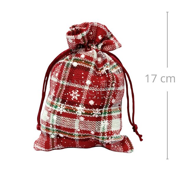 Saquinho de Tecido 12 x 17 cm - 10 unidades - Xadrez Vermelho com Flocos de Neve C12-3