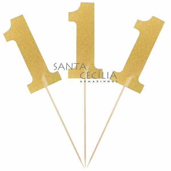 Topo de Bolo n°1 3 unid. - Glitter Ouro