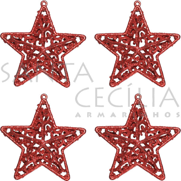 Enfeite de Natal - Estrela Vermelha com Glitter NTA15080 - 4 unid.