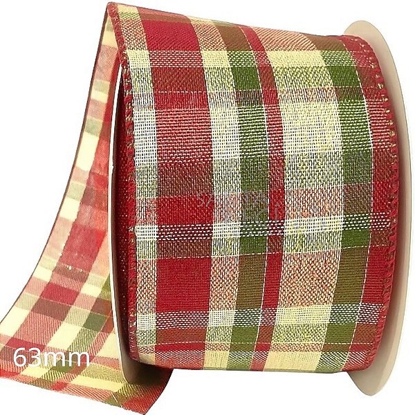 Fita Aramada de Natal 6,3cm x 9m Xadrez Vermelho e Bege - Ref. 6806
