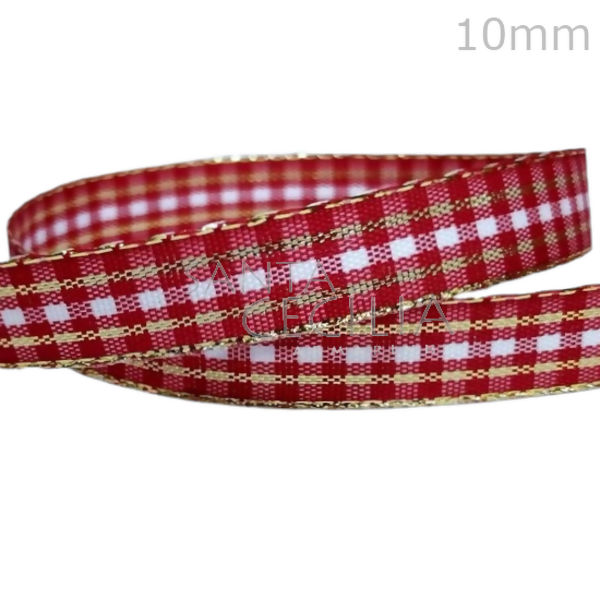 Fita de Natal Sinimbu Xadrez - 10 mm Cor 1 Ref. 1959/38 - Vermelha Ouro e Branco