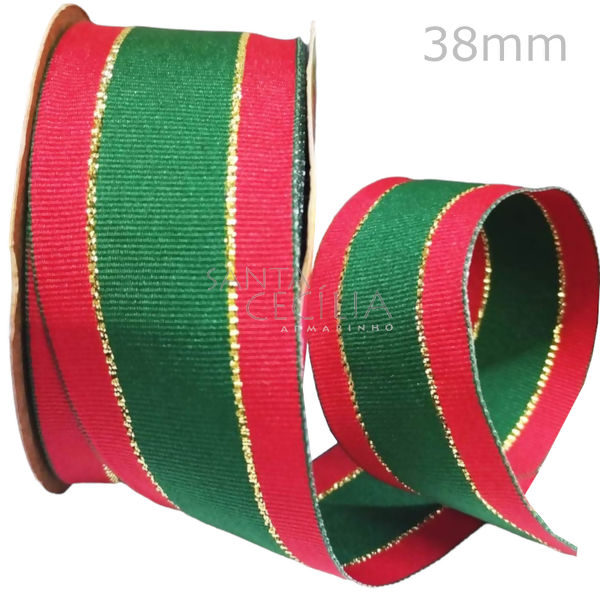 Fita de Natal Sinimbu Gorgurão - 38mm Cor 1 Ref. 1898/38 - Verde Vermelha Ouro