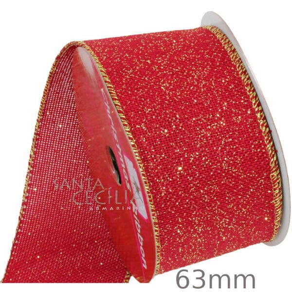 Fita Aramada de Natal 6,3cm x 9m  Tela Vermelha e Glitter Ouro - Ref. 1700000-R/G