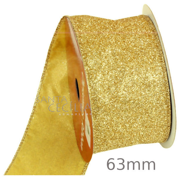 Fita Aramada de Natal 6,3cm x 9m  Glitter Ouro Claro - Ref. 1712905-CN