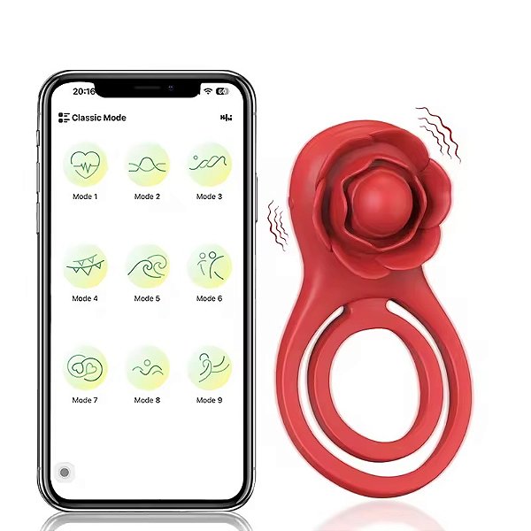 Anel Peniano Formato de Rosa Duplo para Casal com Cerdas e Vibração - Controle Via Aplicativo