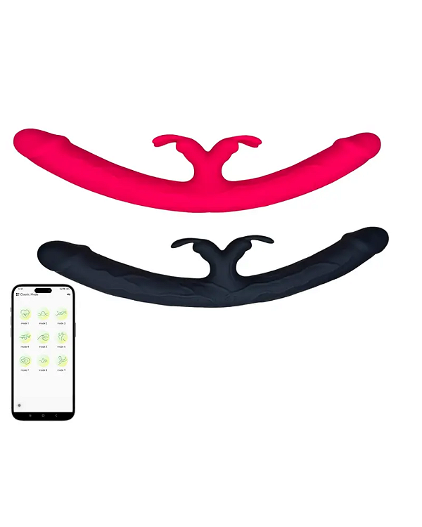 Vibrador duas pontas com estimulador clitoriano central por aplicativo