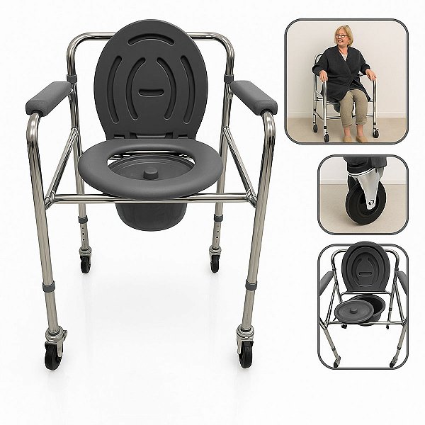 Cadeira Higiênica Modelo B20 4 Rodízios Idoso Aço Suporta Até 100Kg - Supermedy
