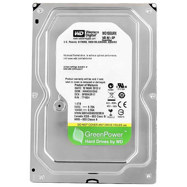 HD Interno Western Digital 1TB WD Green AV-GP 3.5" SATA III 64MB - WD10EURX