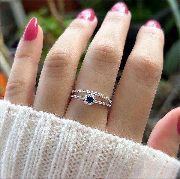 Anel formatura prata pedra azul duplo cravejado
