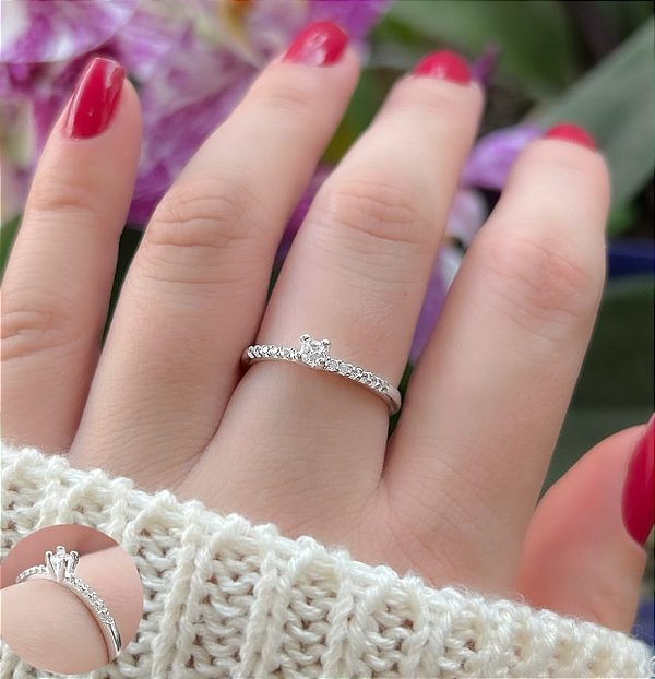 Anel solitário prata luxo pedra pequena baixa pedido casamento