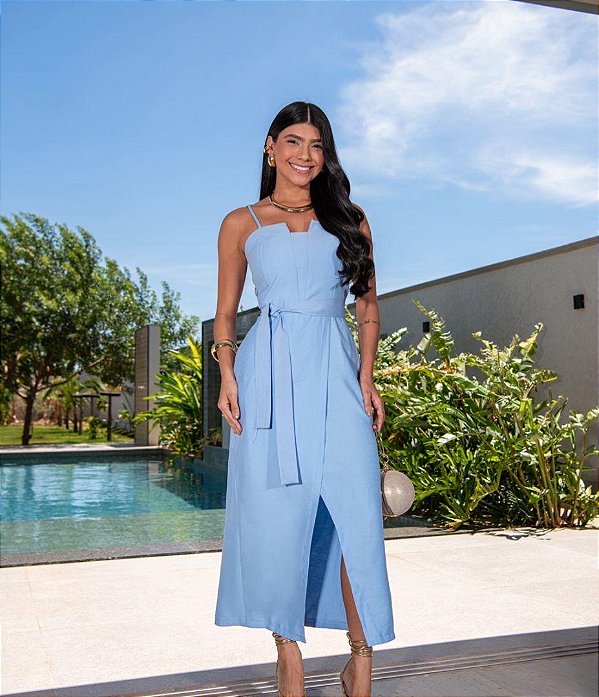 Vestido Mídi Fenda Tecido Marrete
